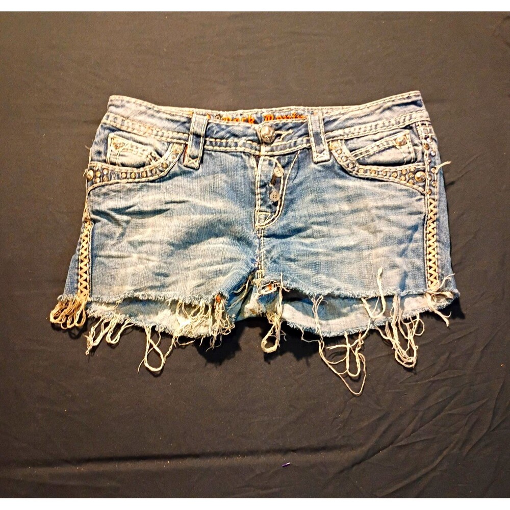 Rock Revival Eileen Women's Size 28 Blue Low Rise Denim Cut Off Shorts Studded